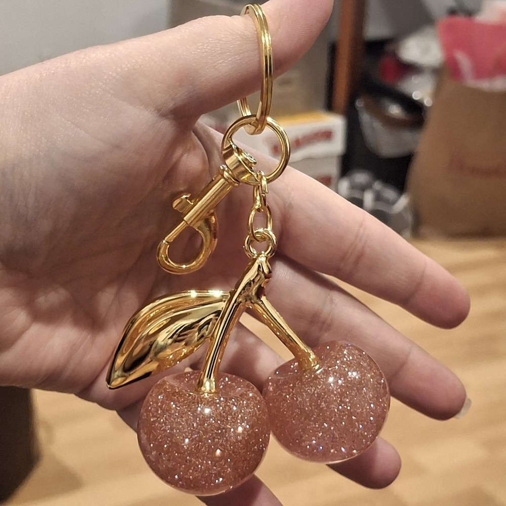 Gold Pink Cherry Keychain Bag Charm - Picture 10 of 10